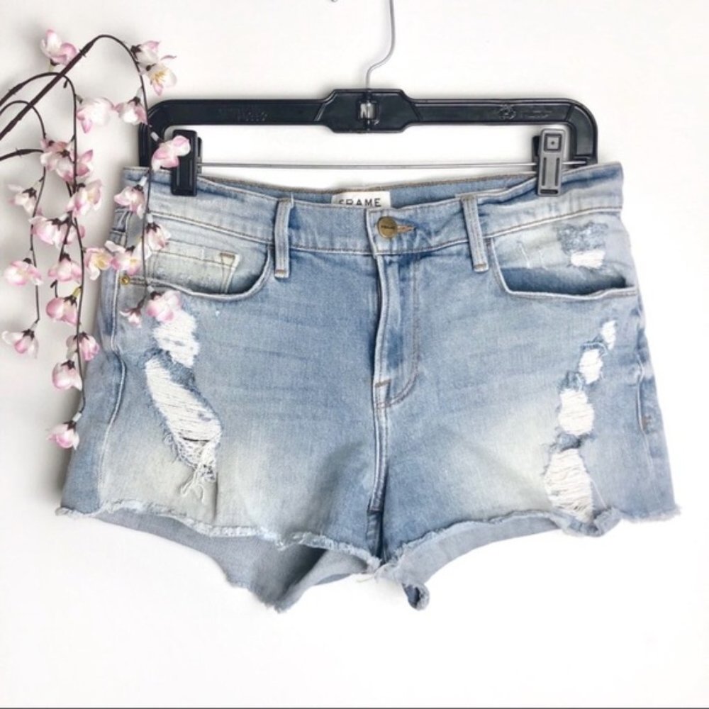 Frame Le Cutoff Distressed Lightwash Denim Shorts